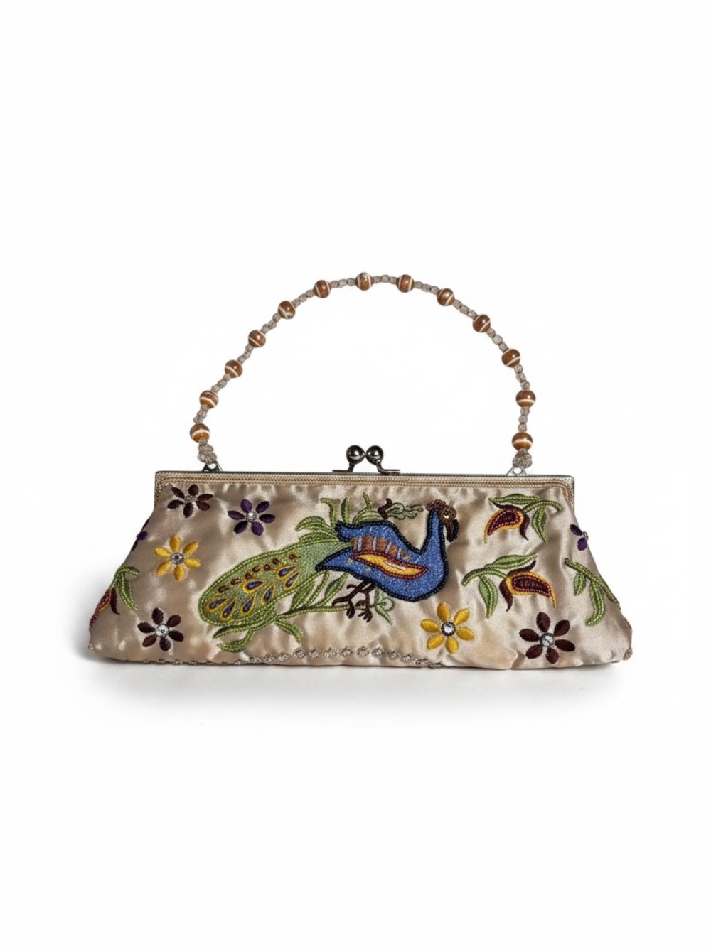 Embroidered Peacock Beaded Handle Evening Bag - Cream